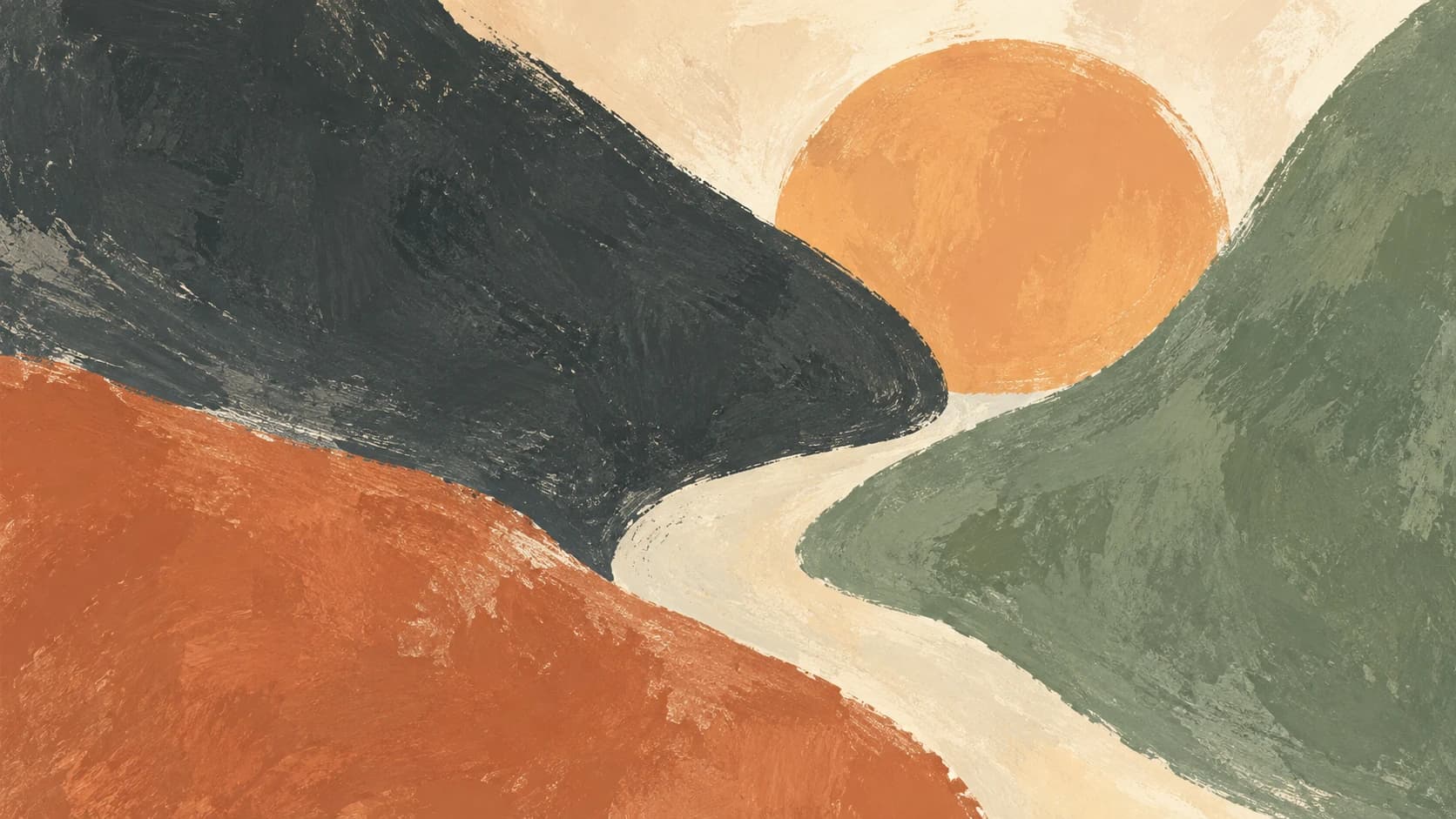 Charcoal, sage and terracotta painted fields frame an ivory passage beneath ochre.