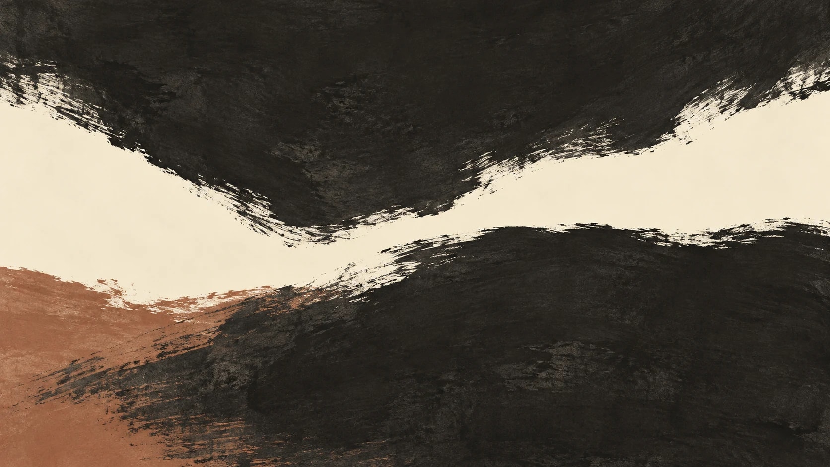 Two broad charcoal ink fields nearly meet across a rough ivory interval, with a muted clay impression entering from the lower left.