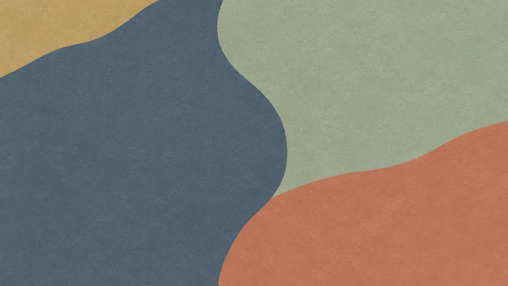 Broad slate pigment bends vertically between an ochre corner and sage and clay fields, with softly irregular pastel boundaries.