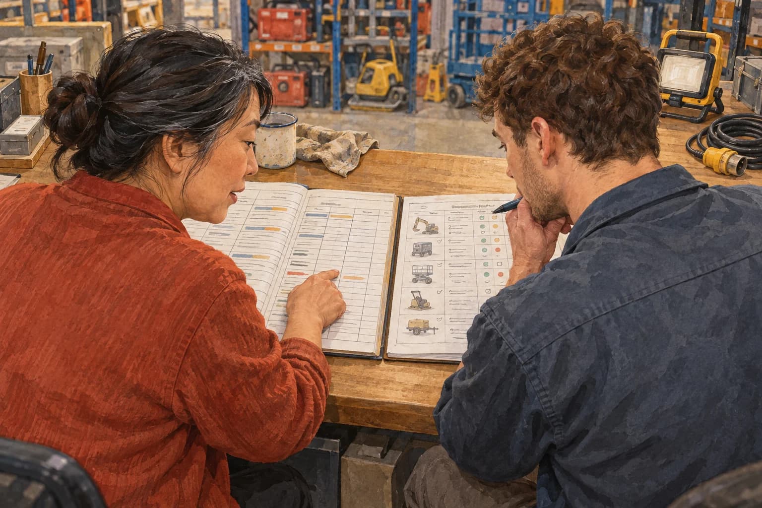 An equipment-hire dispatch manager and incoming operator compare an open booking ledger and inspection-status sheet laid flat and facing them.