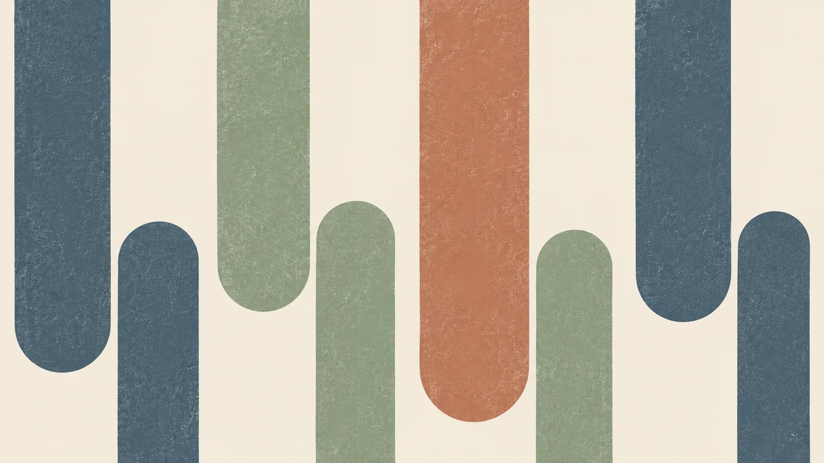 Broad slate, sage and terracotta vertical printed marks alternate across an ivory field.