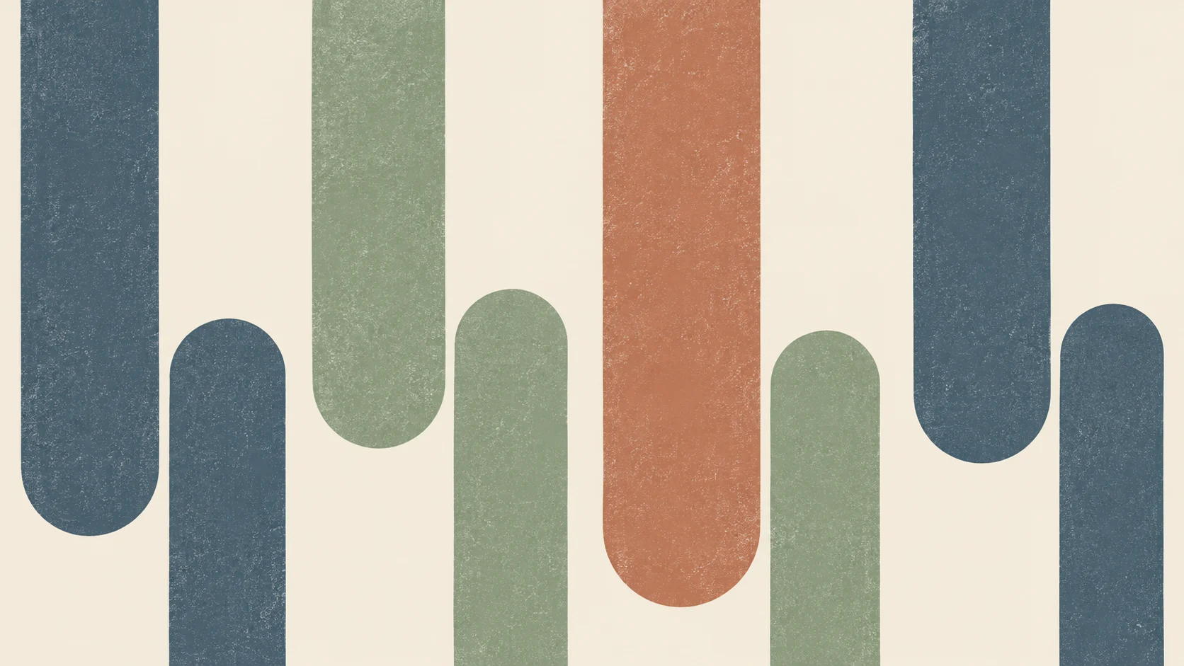 Broad slate, sage and terracotta vertical printed marks alternate across an ivory field.
