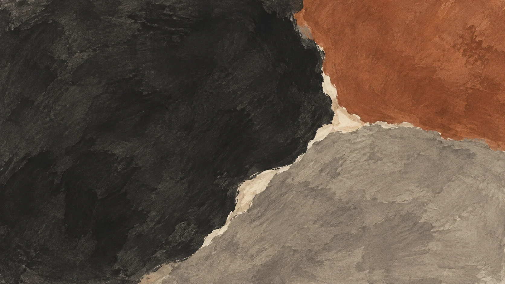 Broad charcoal, warm graphite and clay ink impressions meet at a small irregular ivory junction.