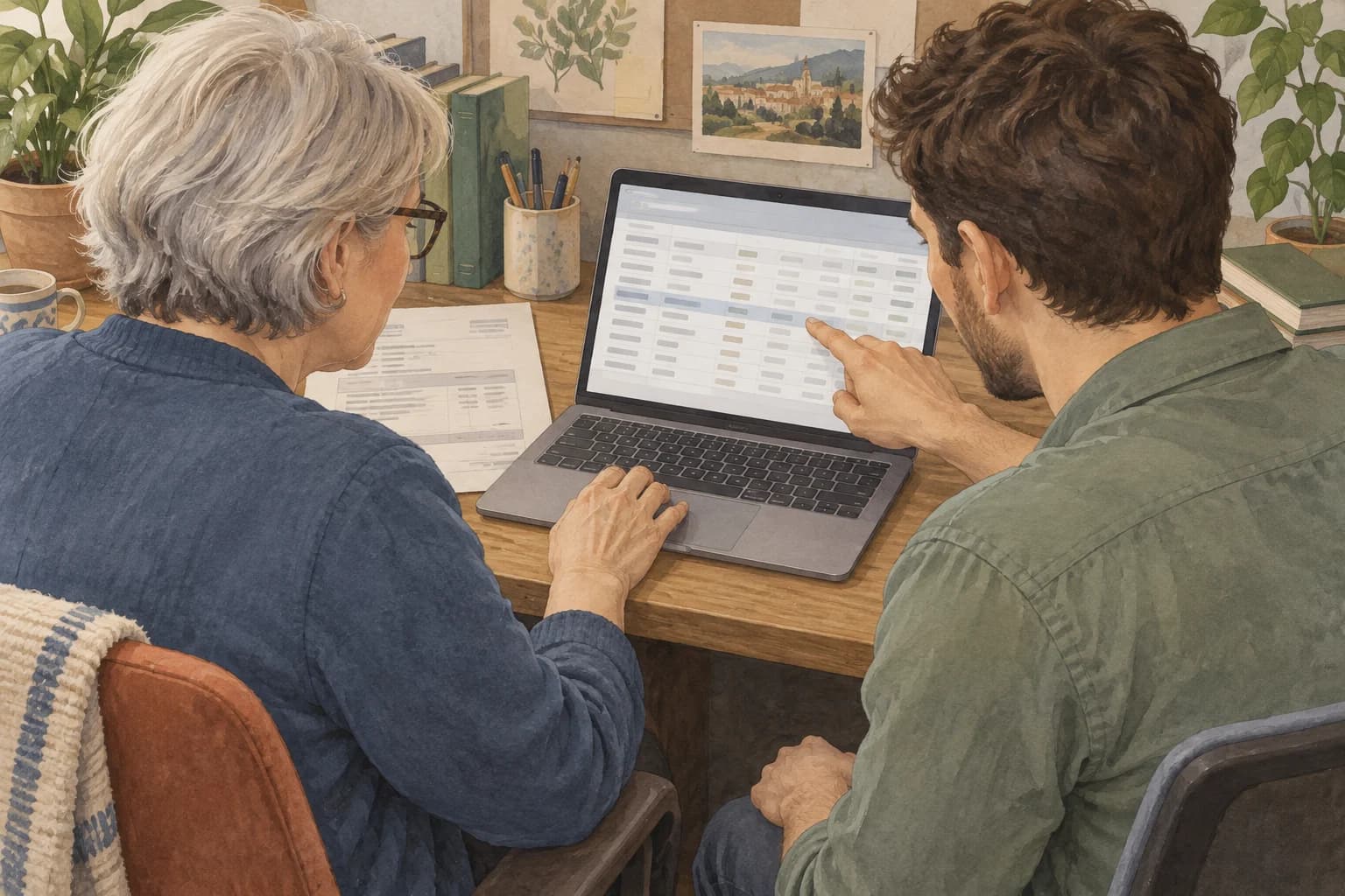 An accounts-payable manager uses a laptop while an analyst points to a row, with the screen and invoice facing the colleagues.