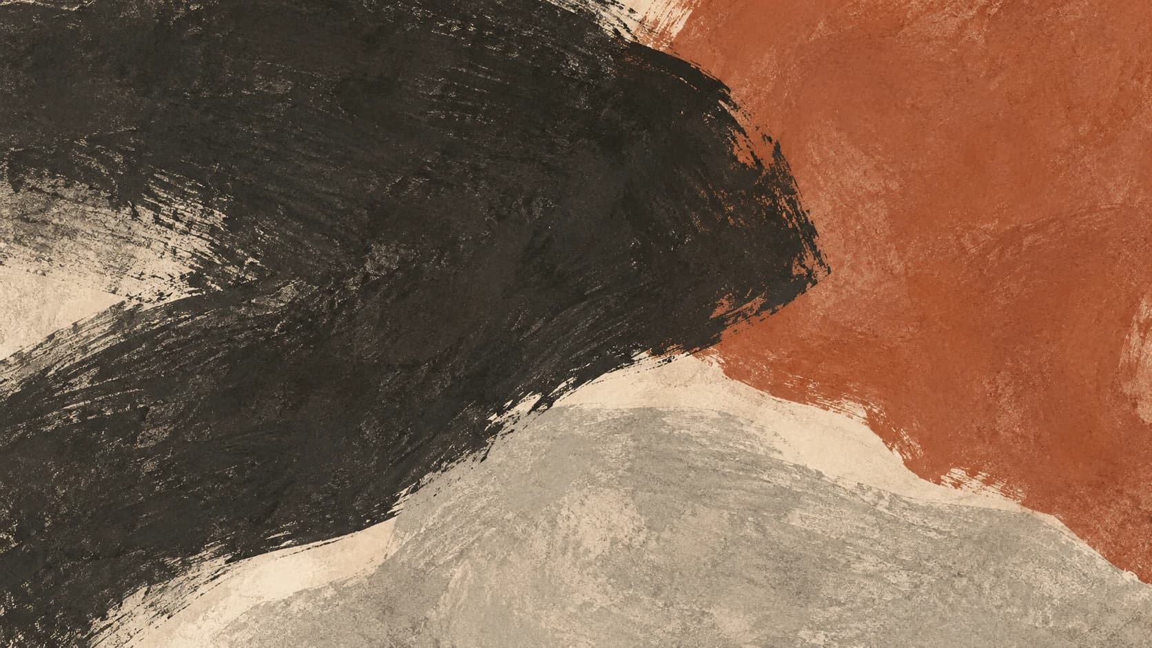 Broad charcoal, terracotta and gray painted fields overlap along irregular edges.