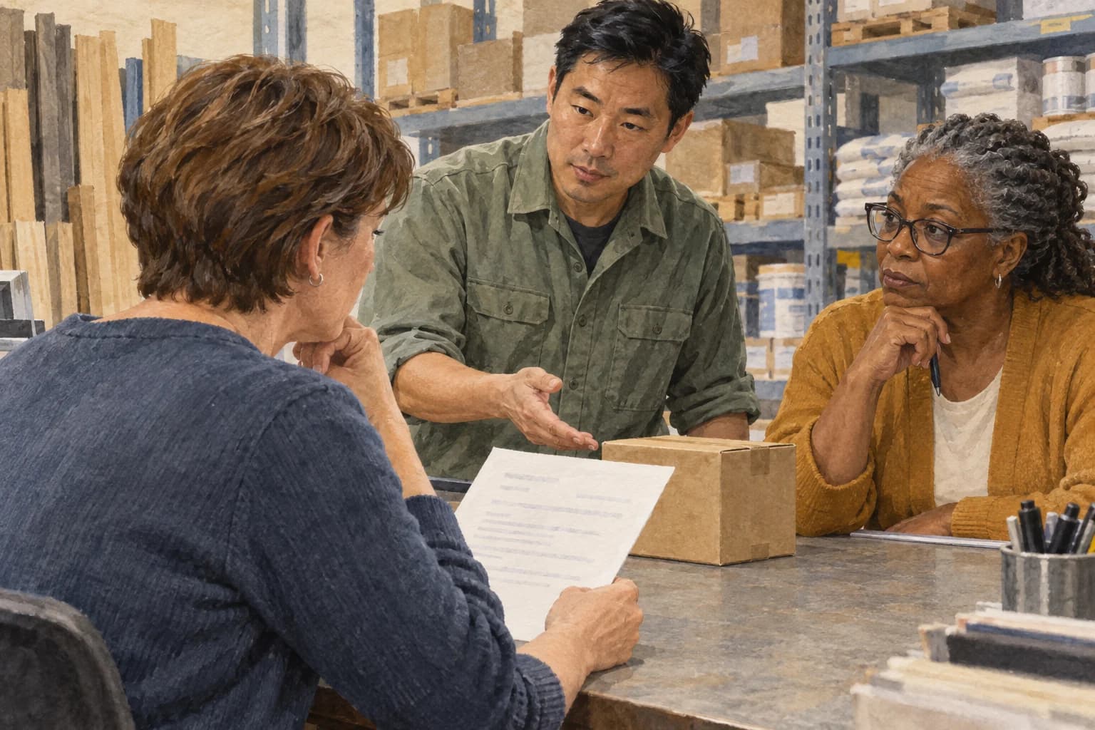 Gouache illustration of distributor colleagues comparing a paper quotation and a carton at a stockroom counter.