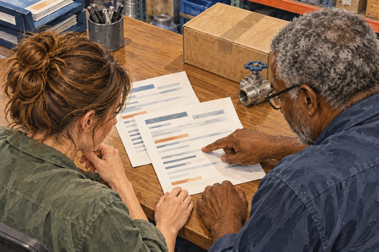 Two parts-distribution colleagues compare revised procedure sheets on a desk, viewed over their shoulders with the pages upright to them.
