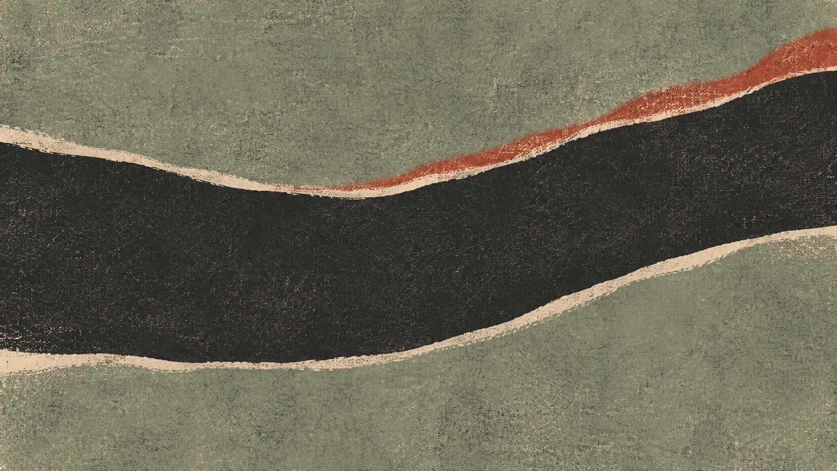 A broad curved charcoal ink channel crosses gray-green printed fields with irregular ivory and clay edges.