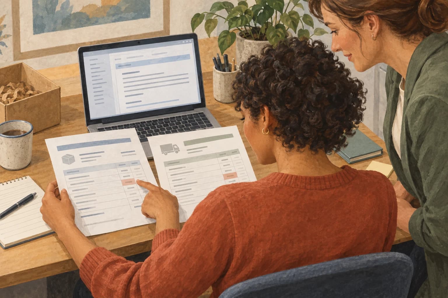 A purchasing coordinator compares two records beside her laptop while a colleague listens over her shoulder.