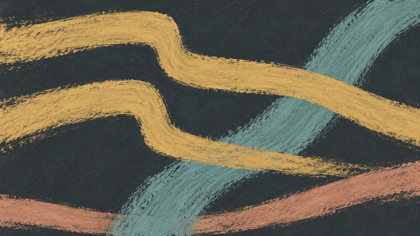 Broad ochre chalk paths bend across a slate field, with teal and terracotta strokes joining the movement.