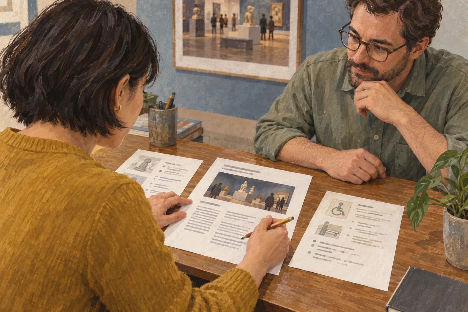 A museum communications officer checks an announcement against two source sheets while her manager listens across the desk.