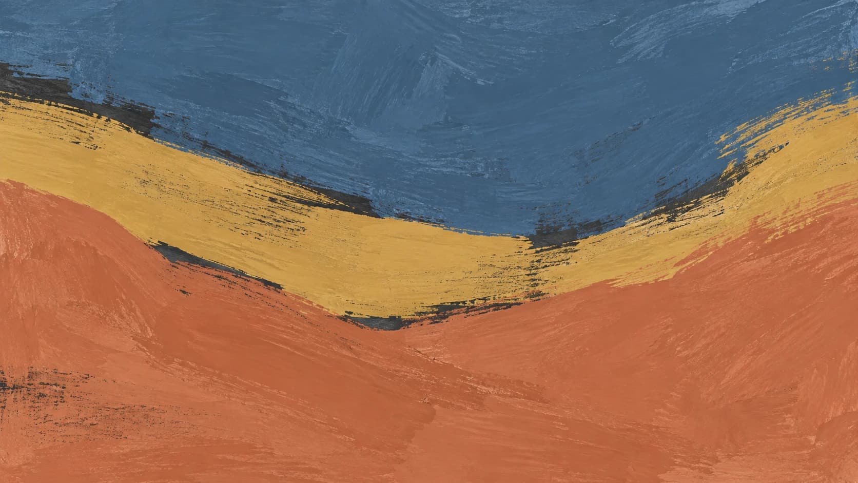 Broad slate blue and terracotta painted movements reveal an ochre stroke between their irregular boundaries.