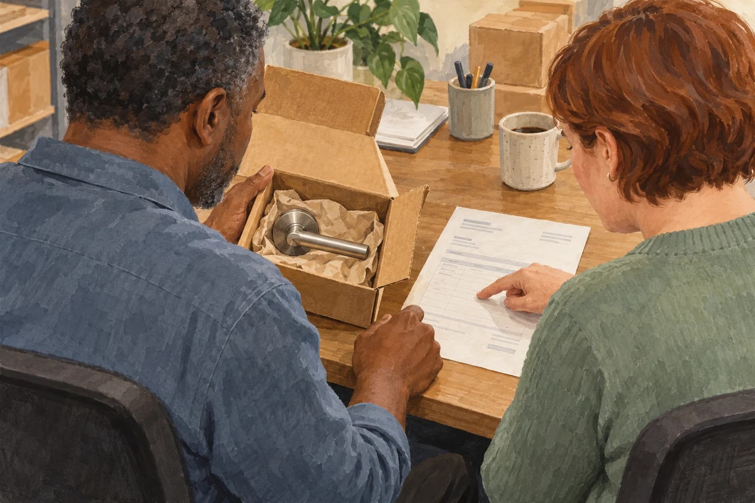 Two returns-team colleagues seated beside each other inspect an opened parcel and an invoice oriented toward them.