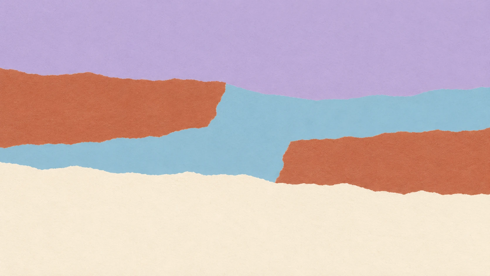 Offset terracotta torn-paper bands leave a pale-blue opening between lavender and ivory fields.