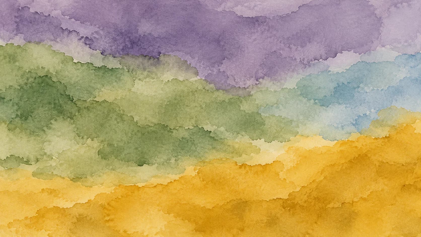 Broad violet watercolor across the top meets a sage middle wash, a pale blue right shoulder and ochre along the lower edge.