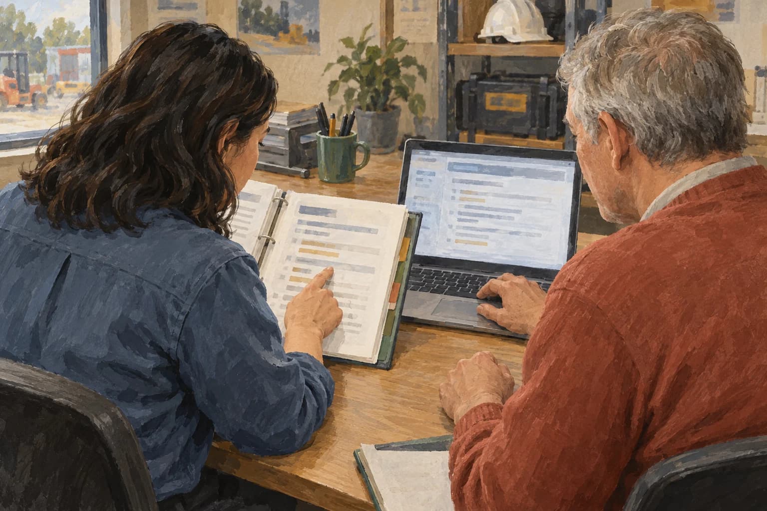 Two rental-operations colleagues compare an open procedure folder and a laptop, with both reading surfaces facing them.
