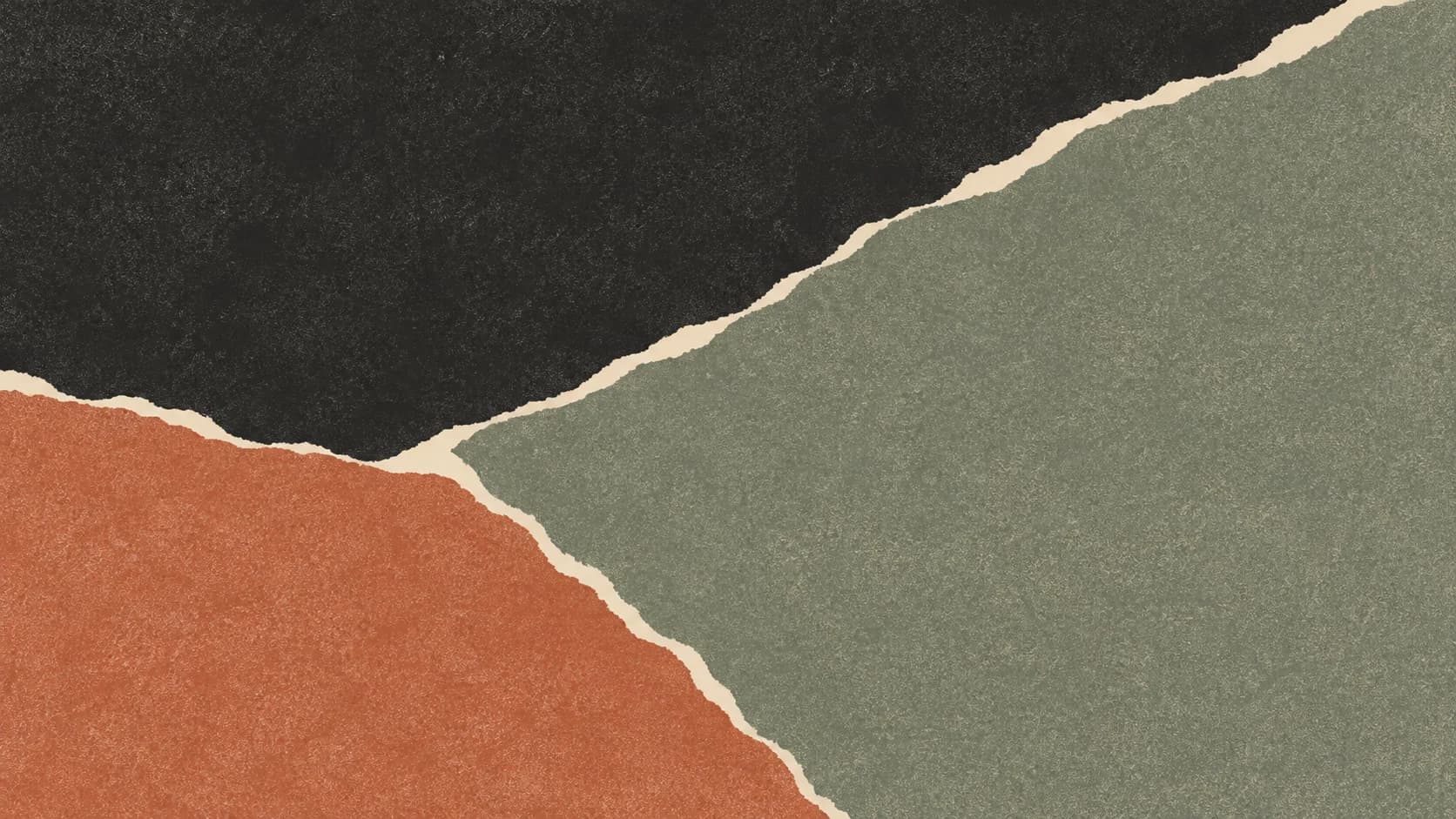 Broad charcoal, gray-green and clay printed regions meet along narrow irregular ivory seams across the canvas.