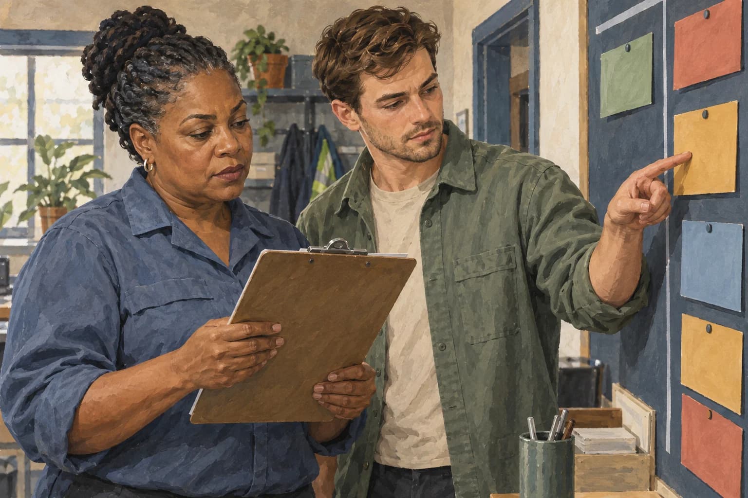 A property-services supervisor holds a clipboard while a coordinator points to a job card on the dispatch board.