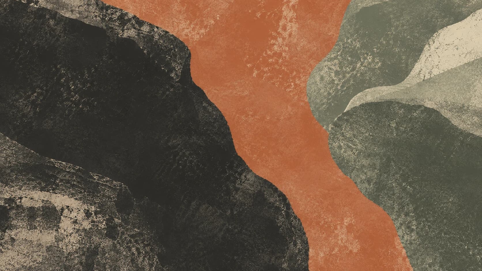 Charcoal, terracotta and sage pigment regions meet at sharply defined irregular edges.